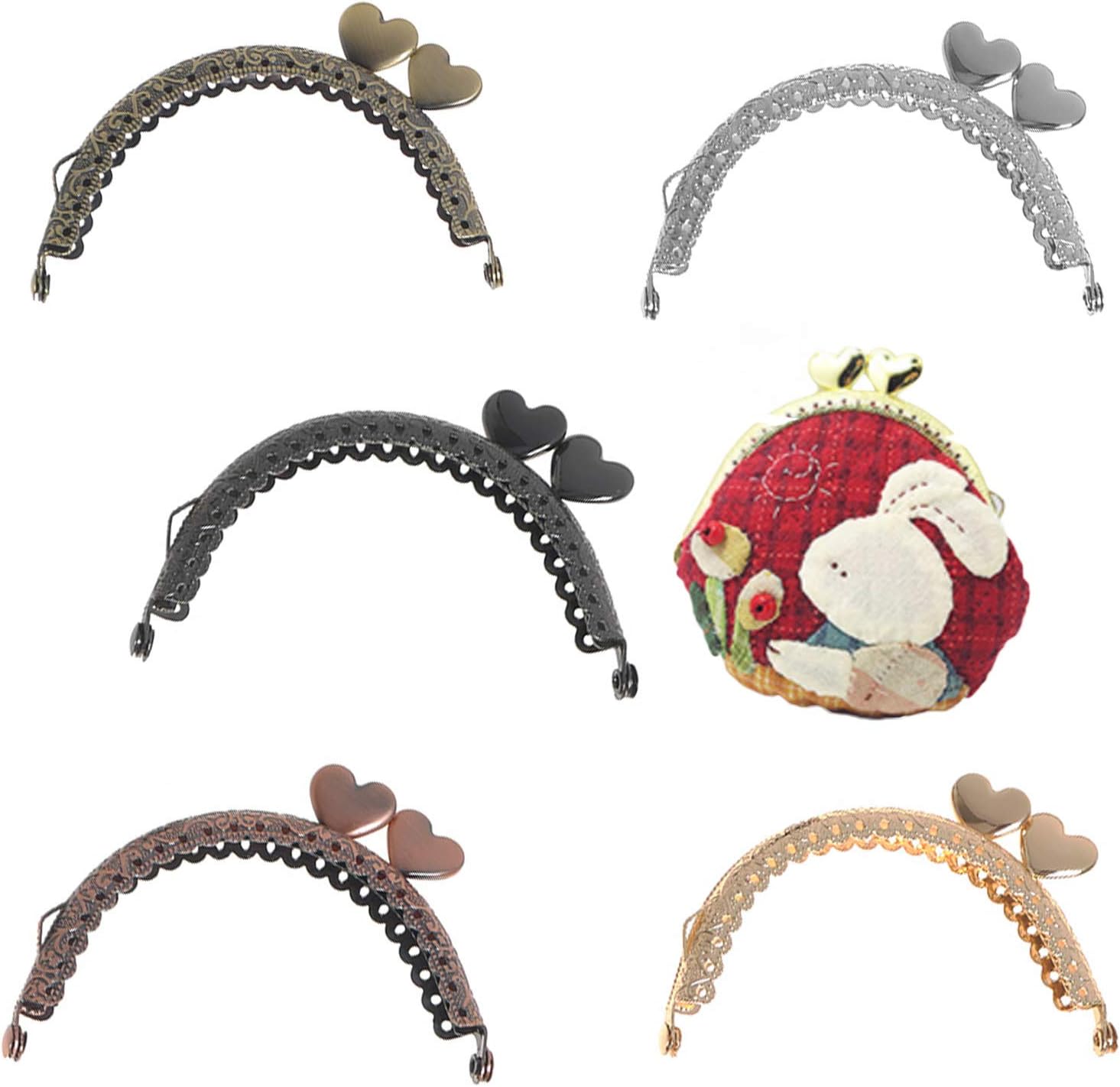 5 Pieces Metal Coin Purse Frames Classic Semicircular Antique Lace Embossed Heart Shape Head Kiss Clasp Lock for DIY Craft Making Clutch Bag Handle Handbag Wallet Sewing Hardware Accessories