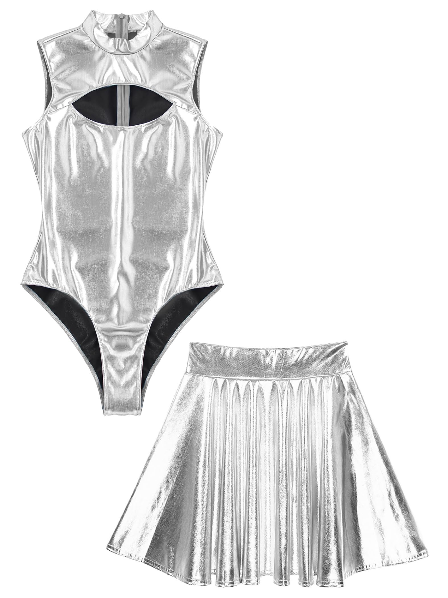Donna Tutina Ginnastica Metallizzata Iridescente Brillante Body Senza Maniche con Gonna Plissettata Abbigliamento da Danza Set per Disco Carnevale
