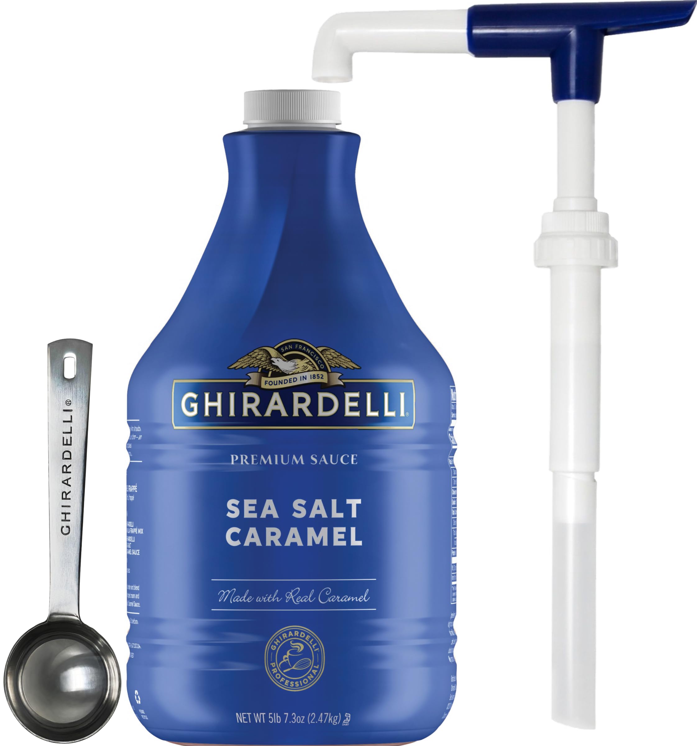 Ghirardelli Sea Salt Caramel Flavored Sauce, 87.3 Ounce Bottle with Ghirardelli Stamped Barista Spoon & Pump