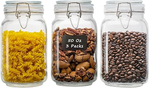 Tarros cuadrados de vidrio de 50 onzas para almacenamiento de alimentos con tapas herméticas de abrazadera, paquete de 3 recipientes grandes de