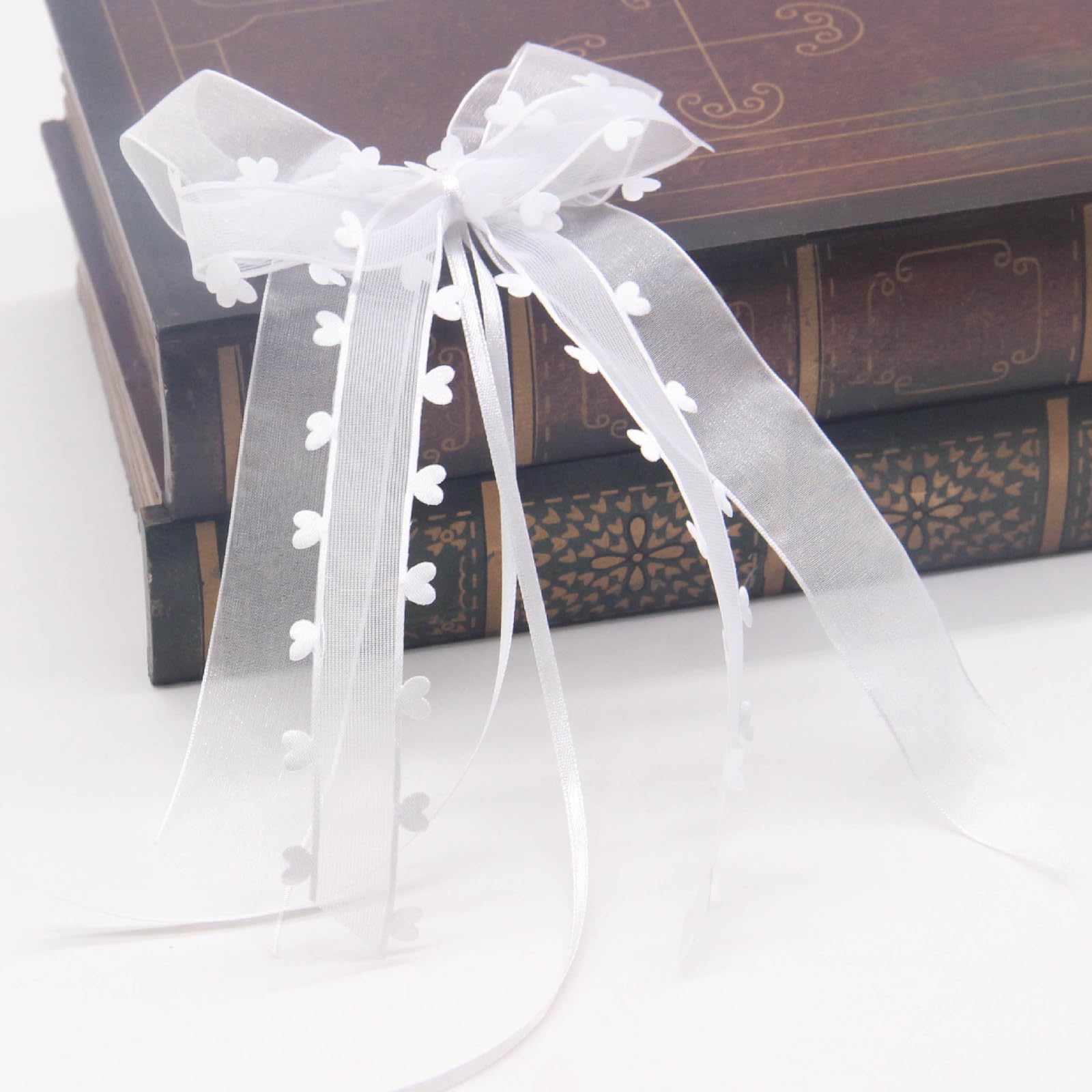 Hochzeit Autoschleifen 10-tlg. - Weiße Spitzenschleifen Herzform | Für Auto & Tischdeko | Polyester