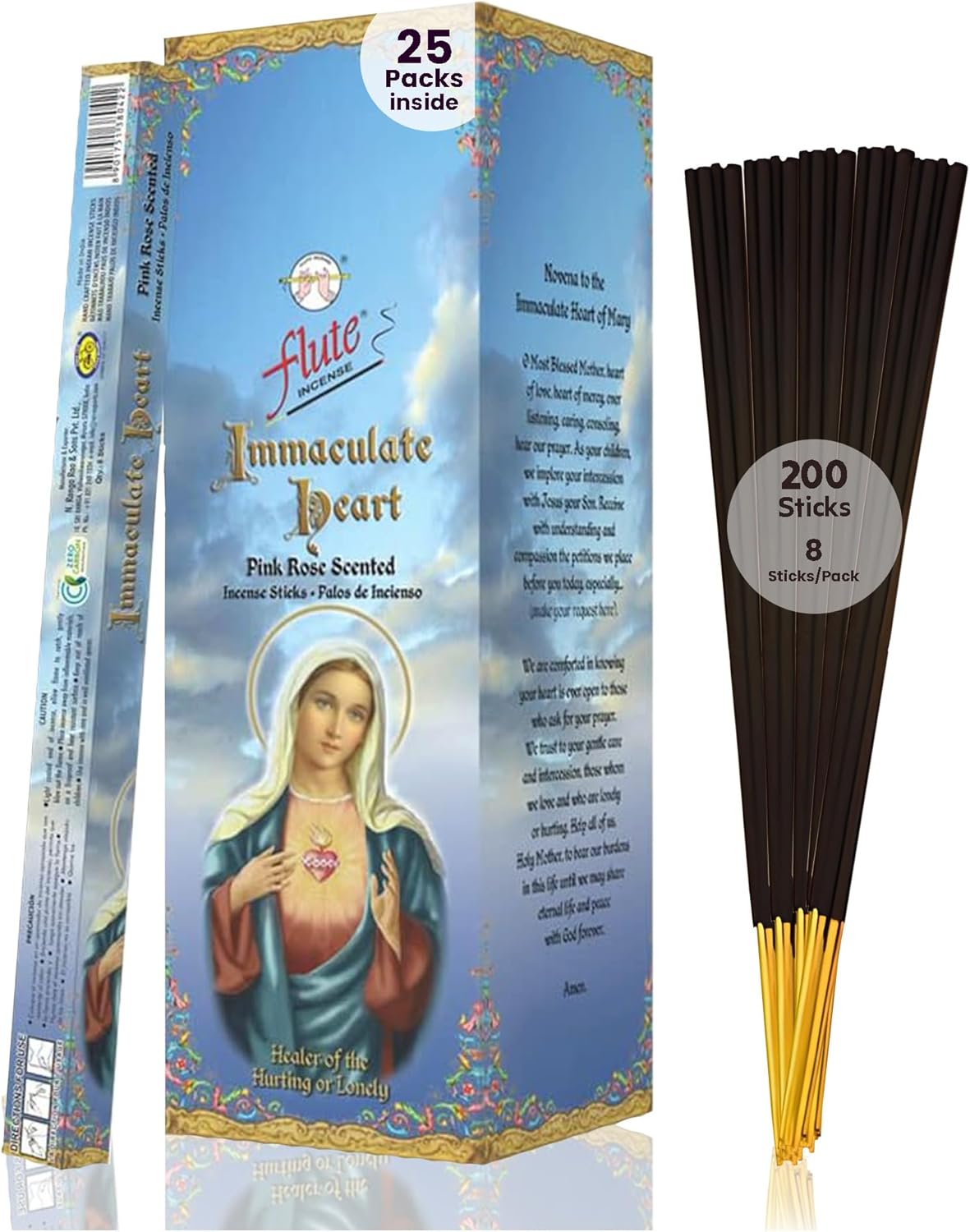 Flute Immaculate Heart Christian Incense Sticks - Catholic & Prayer Rose Incense for Church & Holy Worship - 8 Sticks/Pack, 25 Packs/Box (9 Inch, 200 Sticks) | 40 Minutes Burn Time