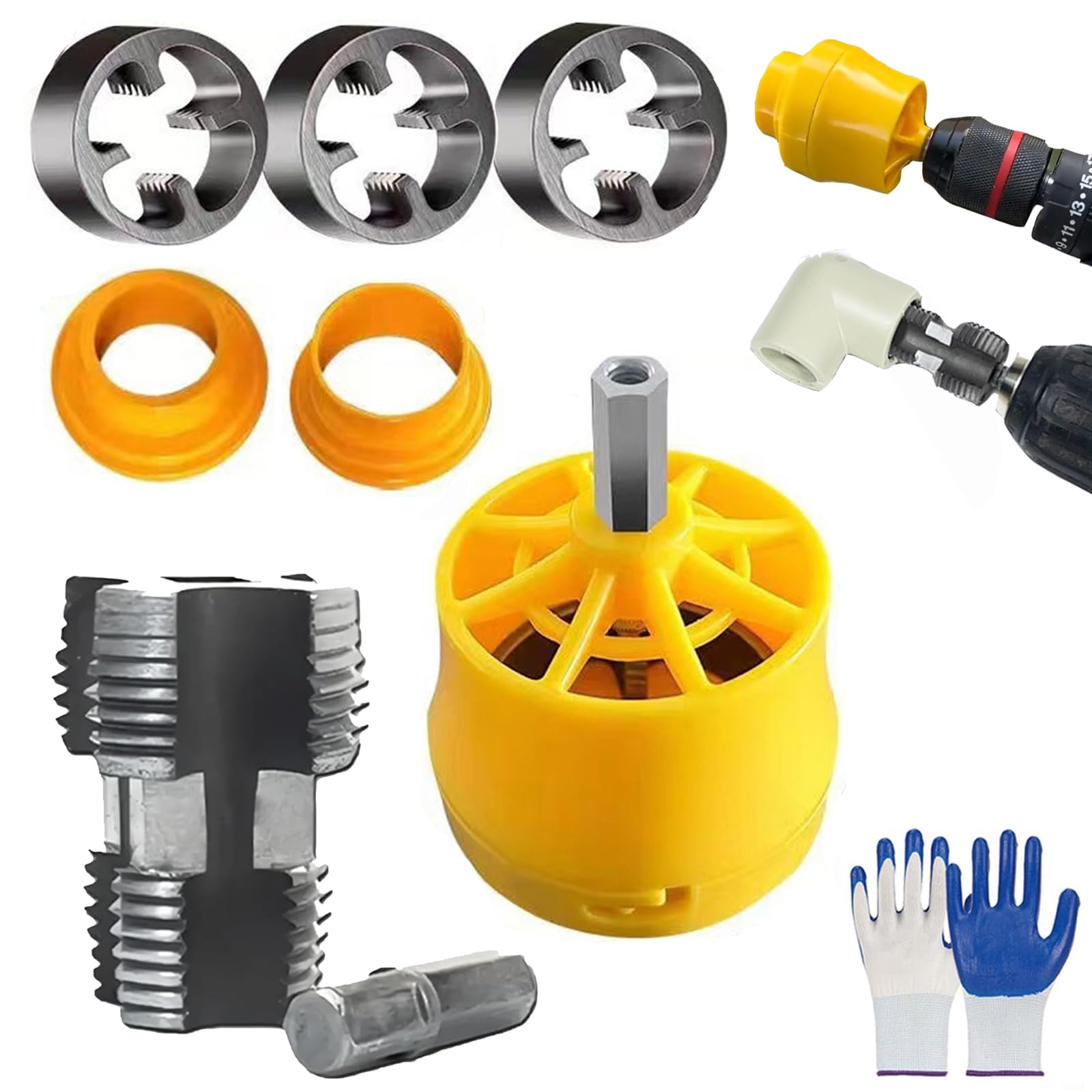 Electric Drill Compatible Pvc Pipe Threader Kit with Various Die Sizes,Pvc Pipe Threader Set 1/2 3/4 1 Npt,Reusable Plastic Pipe Threader with 3 Dies,