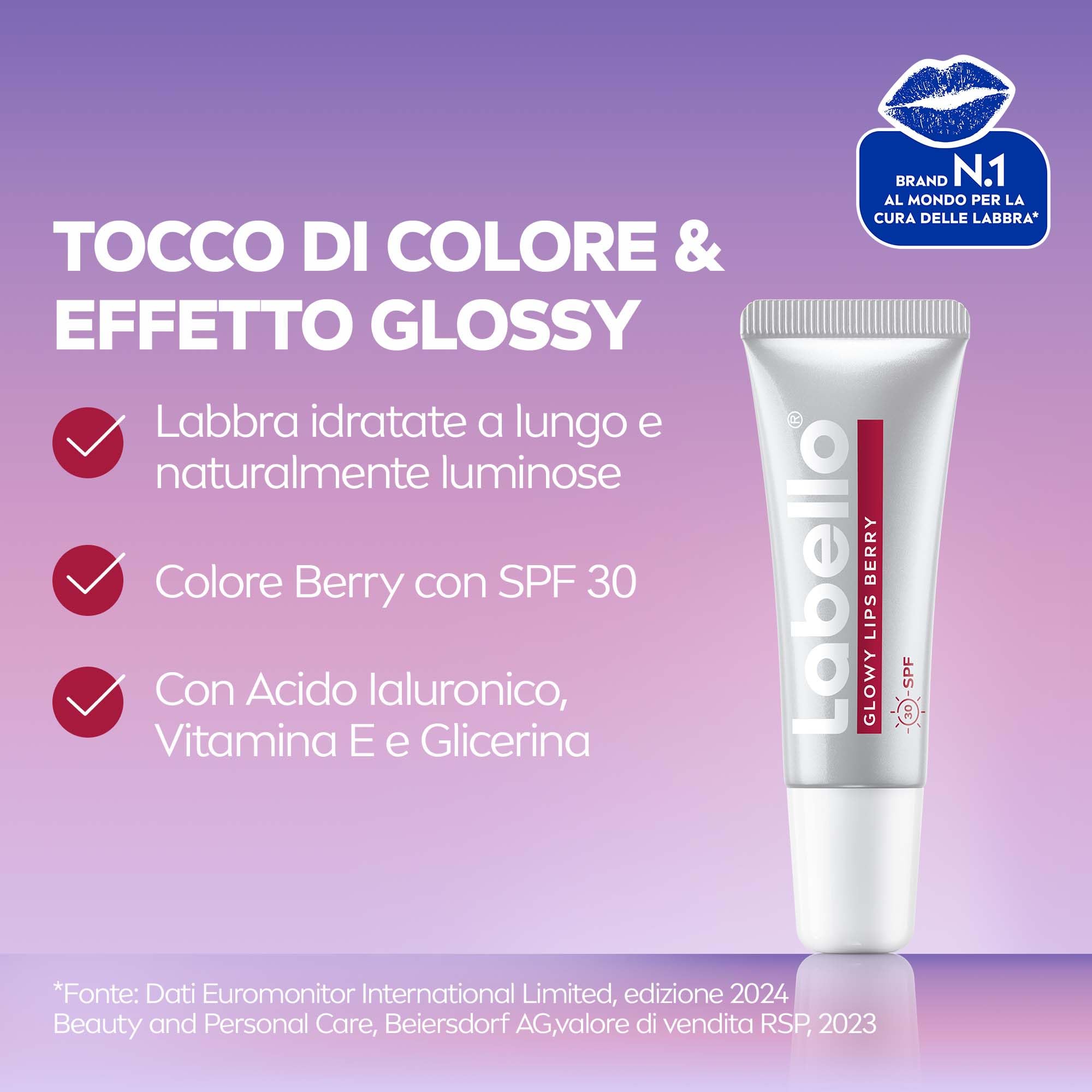 Labello Glowy Lips Berry + SPF 30 10 ml, Balsamo labbra colorato con effetto lip gloss intenso, Lucidalabbra con Acido Ialuronico + Vitamina E + Glicerina, Burrocacao labbra secche e screpolate