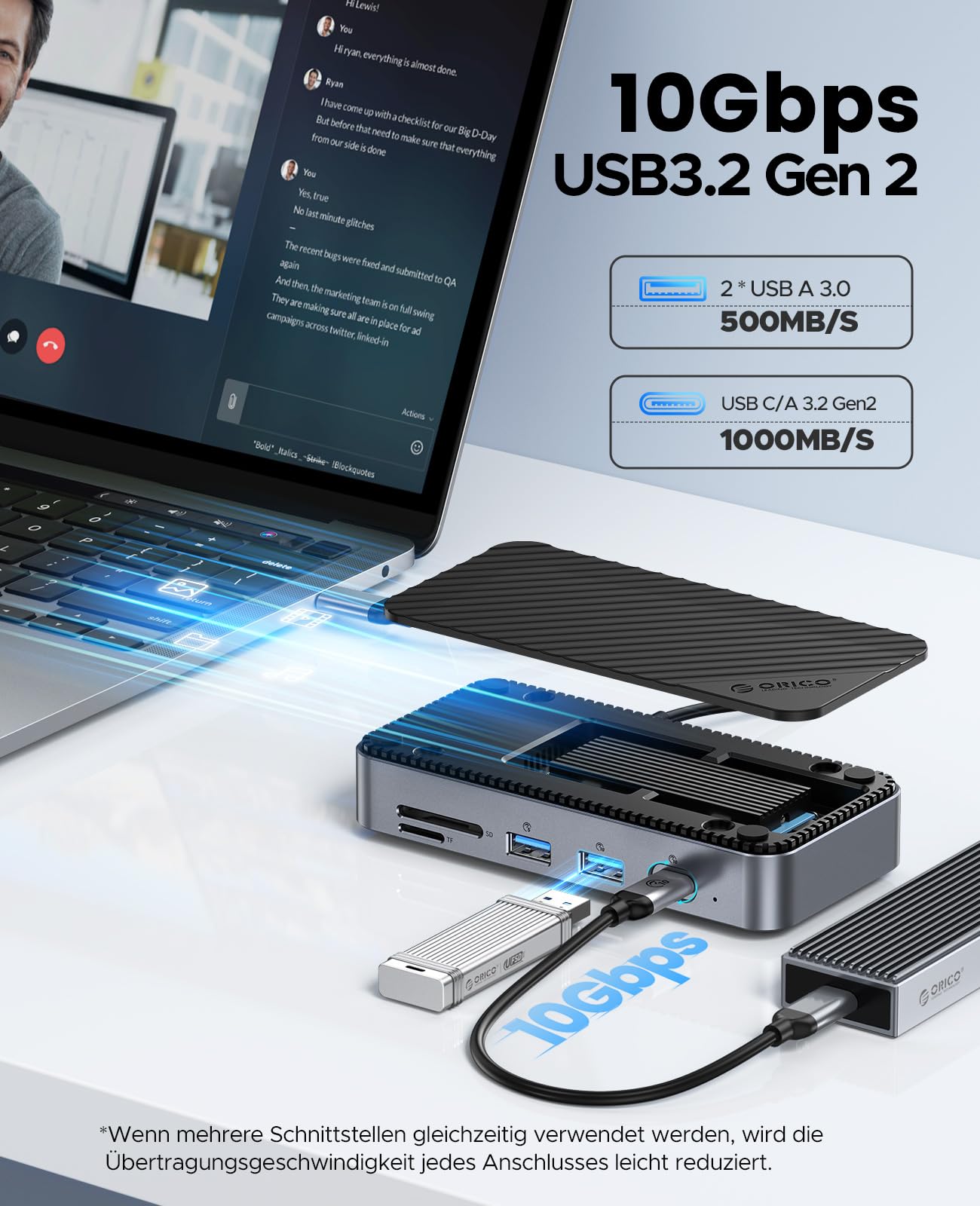 ORICO Stacja dokująca USB C 10 w 1 z blokadą M.2 SSD i aktywną dmuchawą chłodzącą – 10 Gb/s USB 3.2 Gen2, obsługa 4K HDMI, 100 W PD, SD/TF, Gigabit LAN DPM2P9