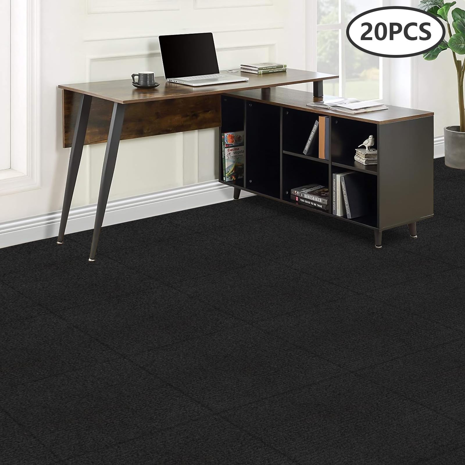 Azulejos de moqueta autoadhesivos, 50 x 50 cm, 20 unidades, fácil de cortar, alfombra cuadrada para el suelo de salones, pasillos, oficinas, hoteles (negro)