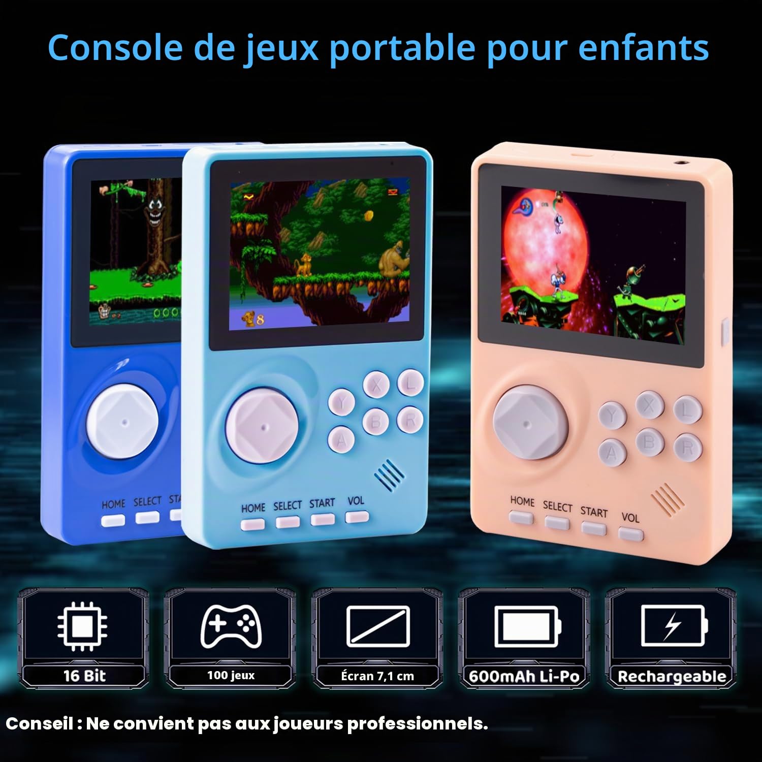 Console de jeu vidéo portable pour enfants avec 100 jeux 16 bits intégrée, console de jeu rétro portable, console de jeu portable, écran couleur de 7,1 cm, batterie rechargeable, console de jeu
