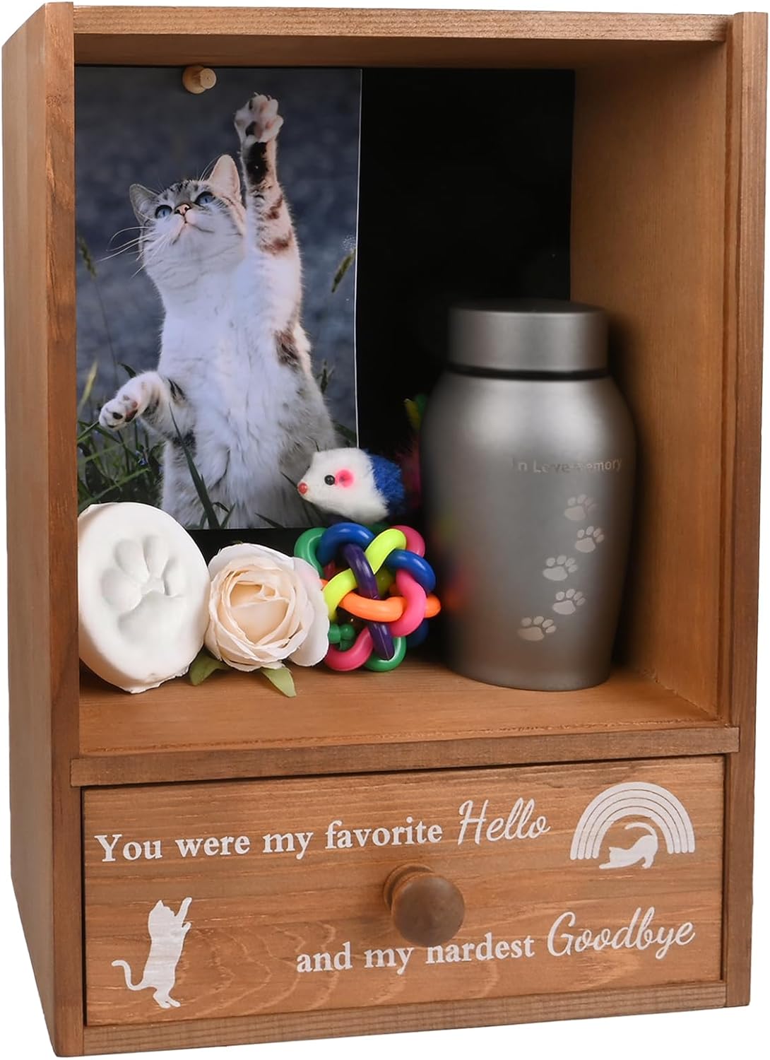 Pet Memorial Shadow Box Keepsake 9.25x13 Cat Memorial Gifts for Loss of Cat Death Sympathy and Remembrance Gift Large Pet Picture Frame Display Case with Deep Rainbow Bridge Drawer