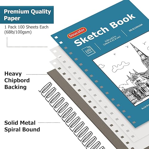 Miniatura 9 de Soucolor Cuaderno de bocetos de 9 x 12 pulgadas, 1 paquete de 100 hojas encuadernadas en espiral, libre de ácido (68 libras3.53 ozm), libro de