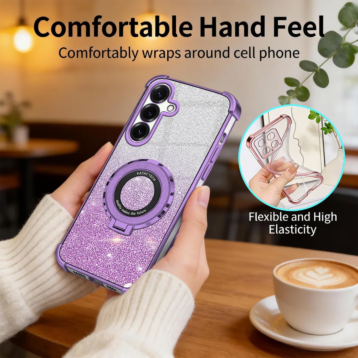 for Samsung A37 5G Glitter Case with Ring Stand, Clear Phone Case for Samsung Galaxy A37 5G Removable Glitter Paper Silicone TPU Cover (Purple) image 4