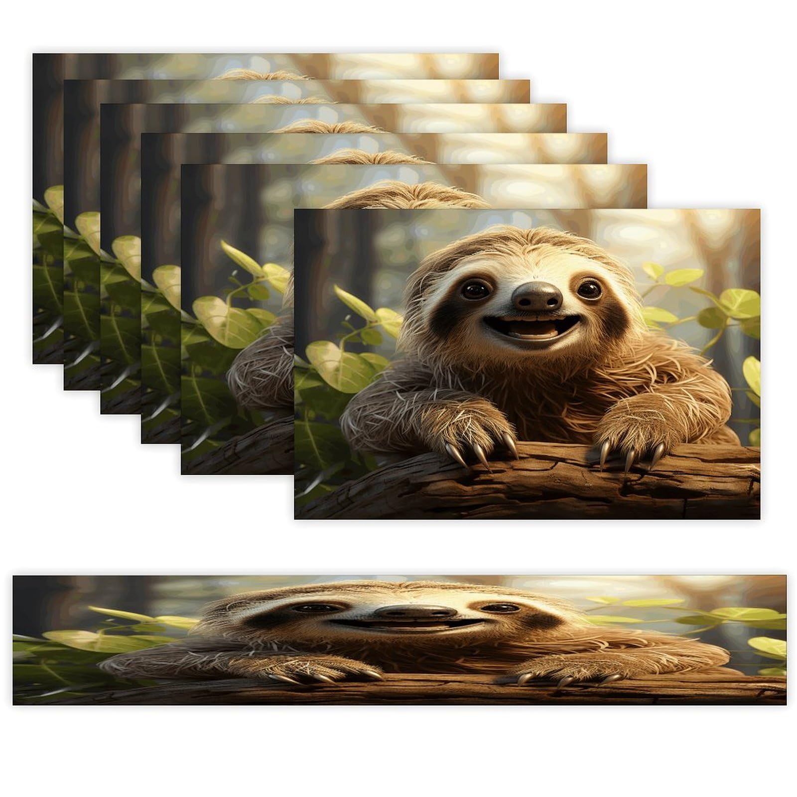 Cartoon Sloth Table Runner and Placemats of 6 Washable Heat Resistant Place Mats with Table Runner Vintage Holiday Table Mat Set for Holiday Party Kitchen Dining Deco