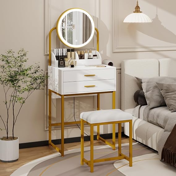 ARTETHYS Small Makeup Vanity with Mirror & Drawers Mini Vanity for Bedroom | 3 Color Dimming Mirror, Compact Makeup Set with Table Storage, White Modern Dressing Table with Chair, 2 Drawers
