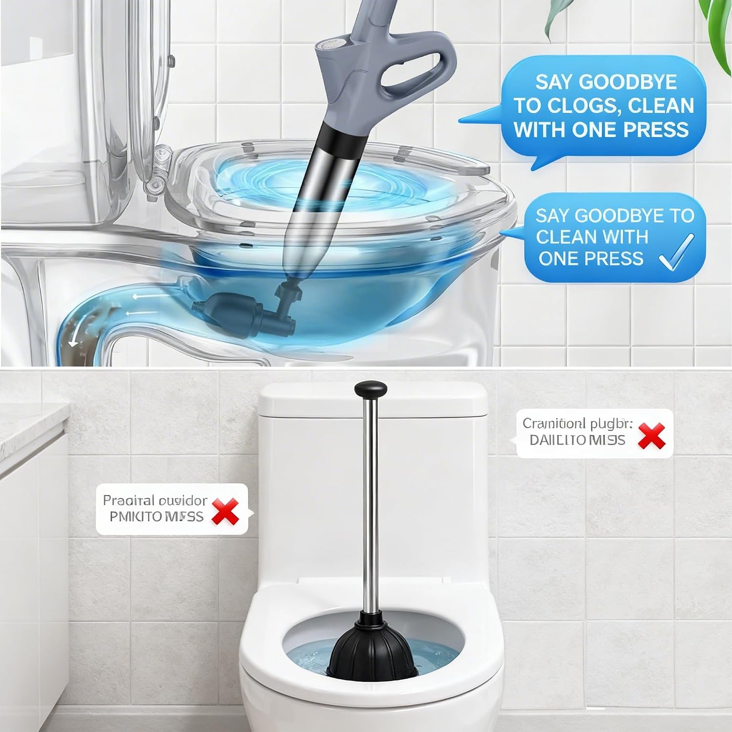 Stainless Steel High Pressure Toilet Plunger Heavy Duty Air Drain Blaster with Precision Visual Barometer Professional Unclogging Tool for Bathroom Sink Floor Drain & Clogged Pipes