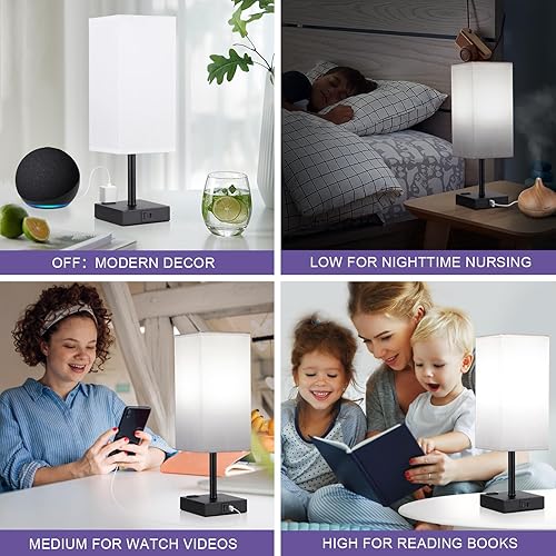 Miniatura 7 de Lámpara negra para dormitorio, lámpara táctil con salidas USB-C+A y CA, mesita de noche cuadrada de 3 vías para niños, habitación de invitados, sala