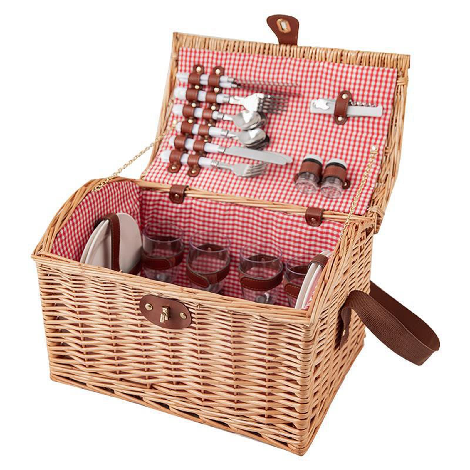Cesta de Picnic de Mimbre para 4 Personas con Utensilios y Cubiertos, Juego de Regalo de Servicio de Cesta de Mimbre, Cesta de Almacenamiento Tejida a Mano al Aire Libre para el día de San Valentín,