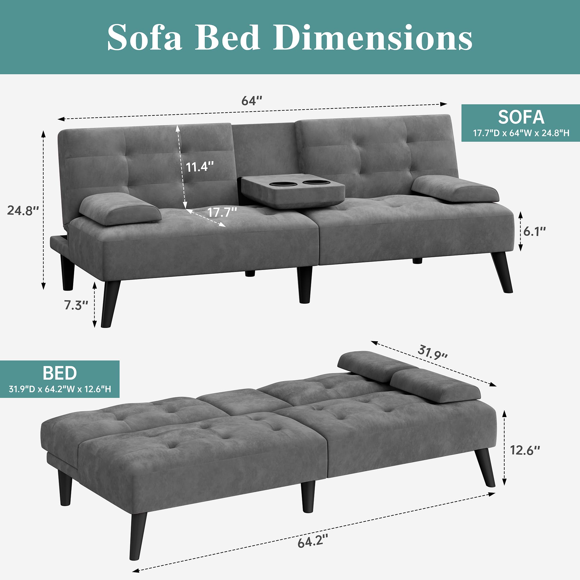 64" Futon Sofa Bed, Convertible Loveseat with 2 Cup Holders, Small Couch with 3 Adjustable Angles & Armrests, Sleeper Sofa for Small Space, Dark Grey