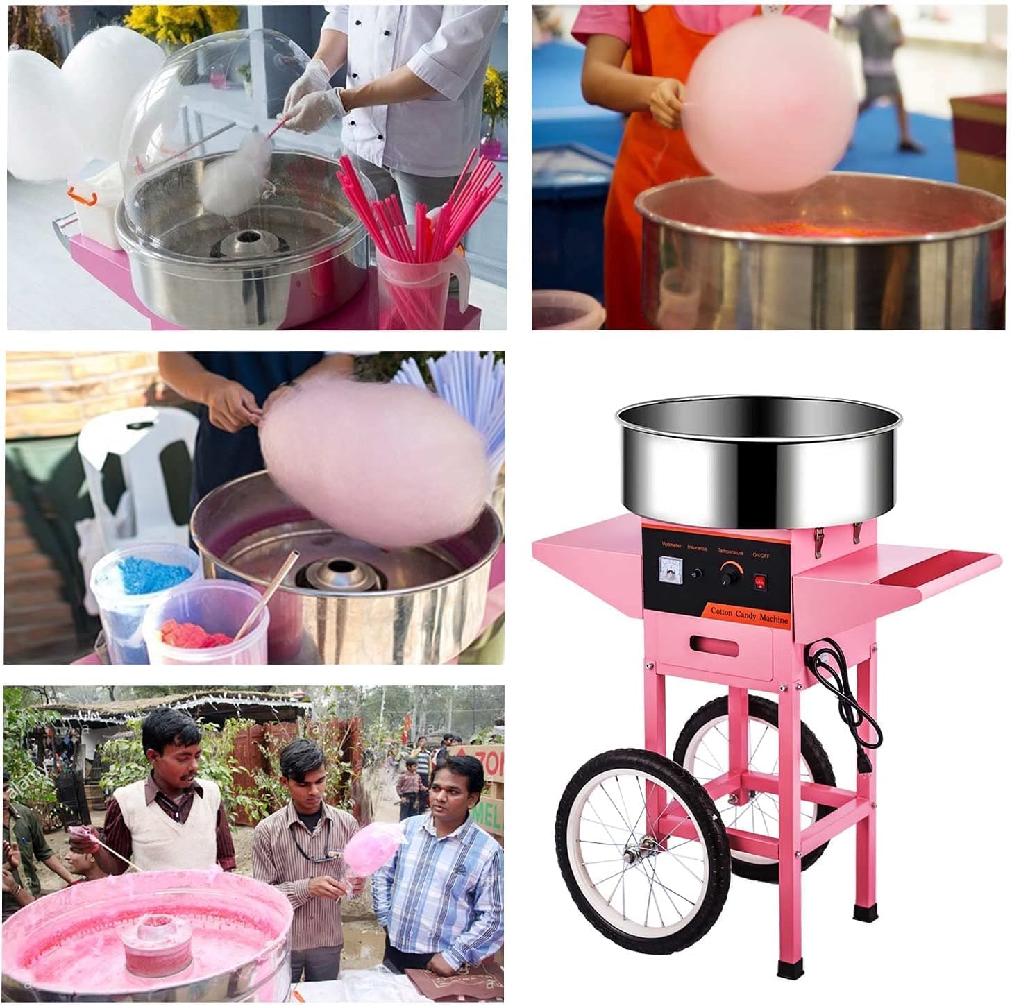 Cotton Candy Machine Commercial with Cart, 110V Electric Pink Cotton Candy Maker with Stainless Steel Bowl, Drawer for Family Party, Birthday