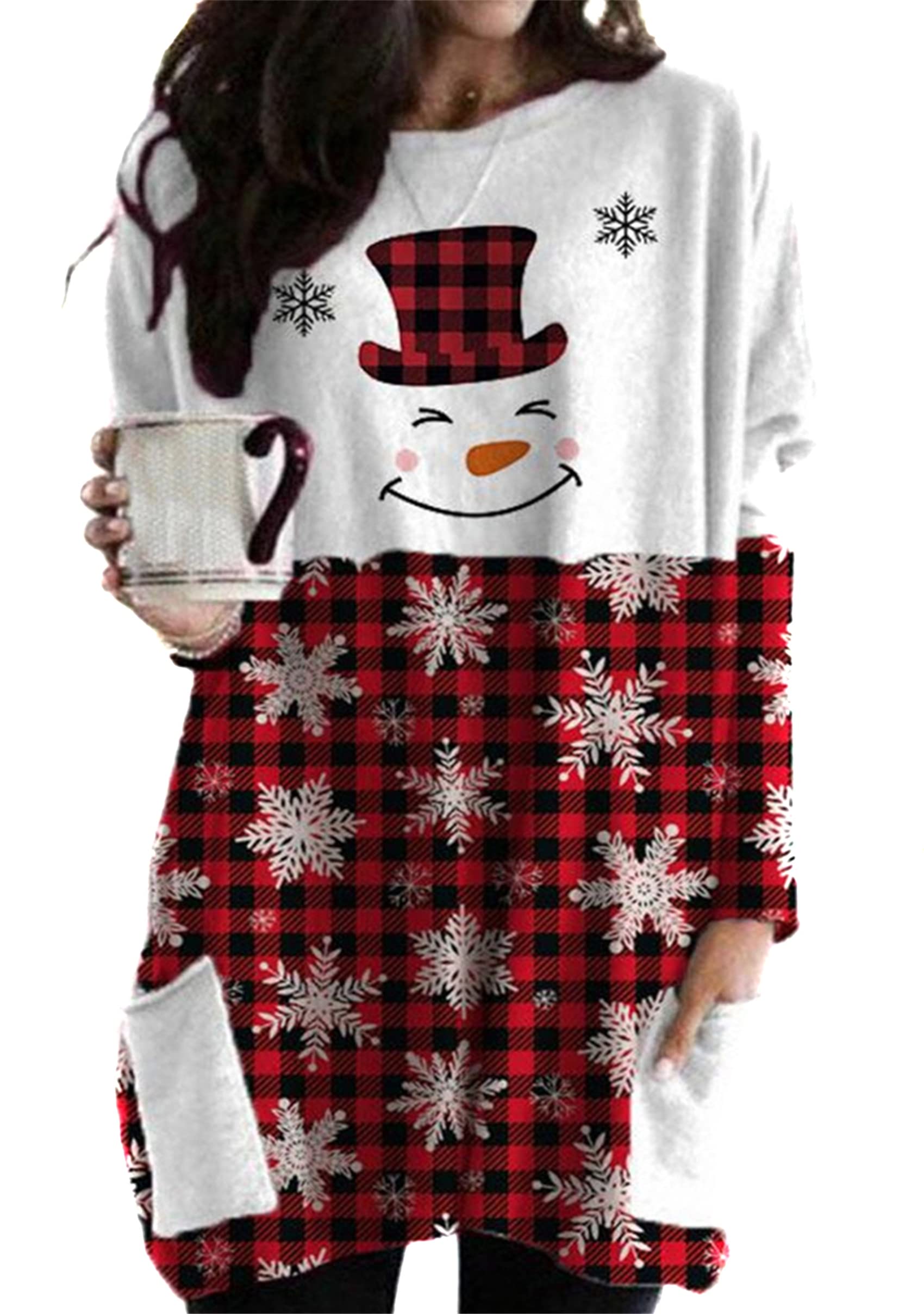 YMING Womens Christmas Round Neck Sweatshirt Long Sleeve Printed Shirt Dress Oversized Loose Fit Pullover Tops with Pockets