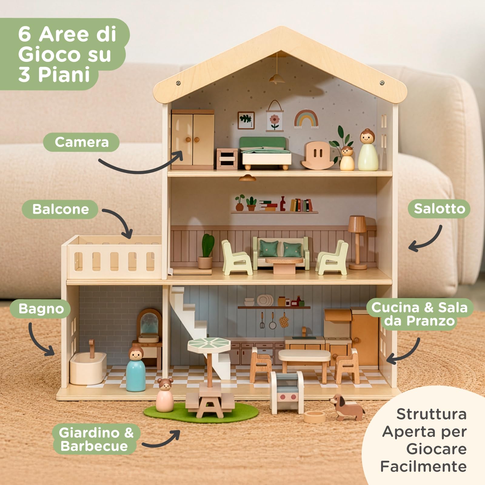 Nene Toys Casa delle Bambole in Legno con Mobili, 3 Piani, Dai 3 Anni | Casa Bambole 28 Pezzi con Mobili, Famiglia, Cane, 3 Piani, Stanze Pastello e Gioco di Imitazione per Bambini