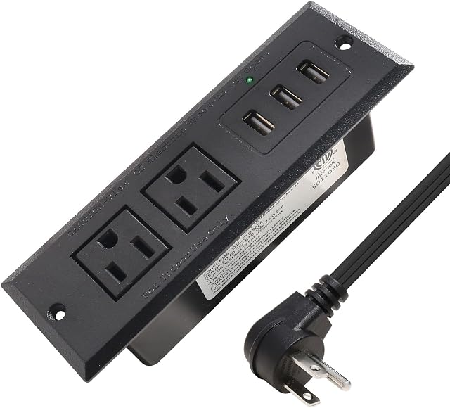 Bar électrique de bureau avec USB Bande d'alimentation de bureau encastrée 2 Sorties 3 USB Ports (15W/3A) Prise d'alimentation plate, borne de recharge pour comptoir de canapé de table. (Noir)
