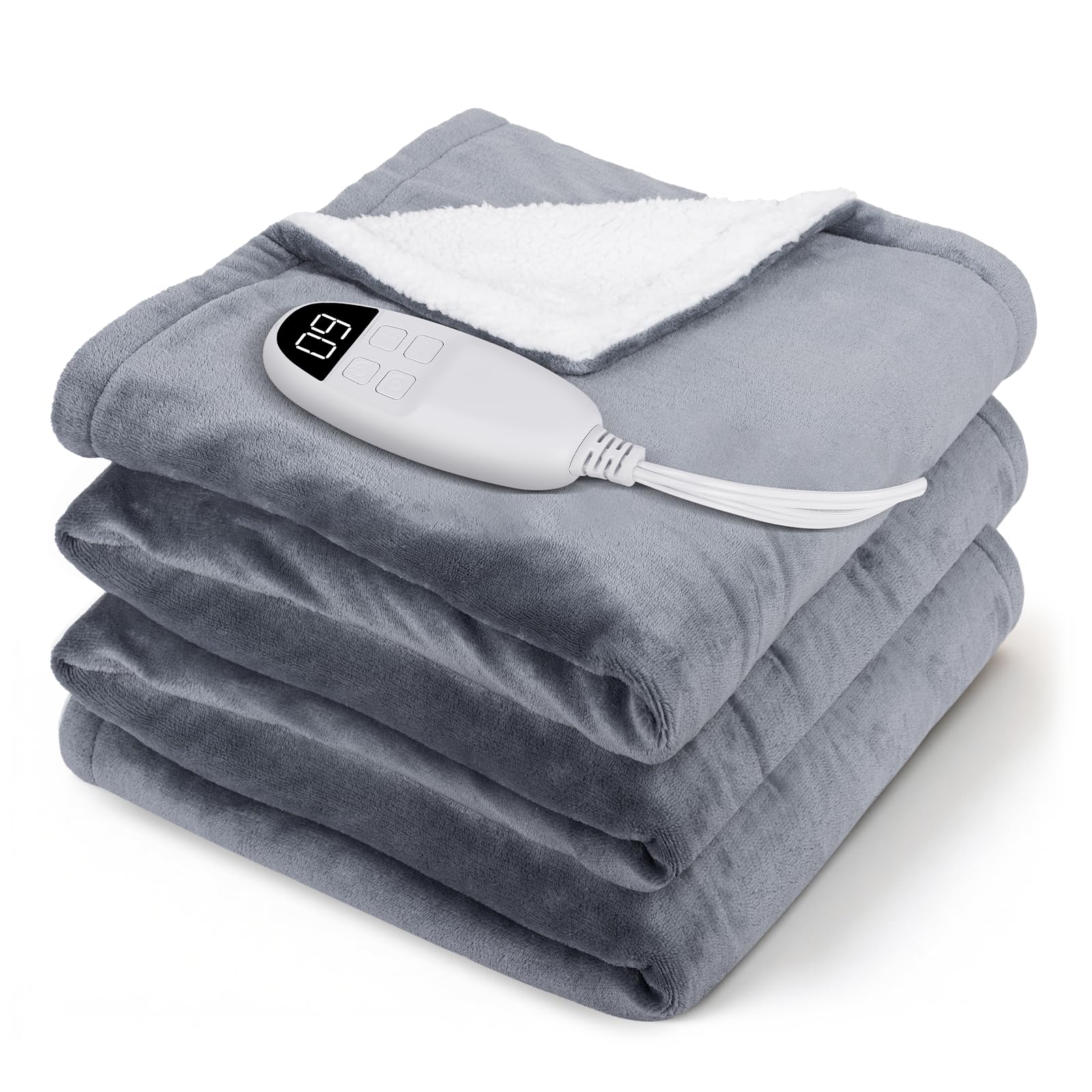 Manta Eléctrica Qoosea 160x130 cm - Apagado Automático 1-9h - 9 Niveles de Calor - Manta Térmica de Felpa Lavable - Protección Sobrec calentamiento - para Cama y Sofá (Gris)