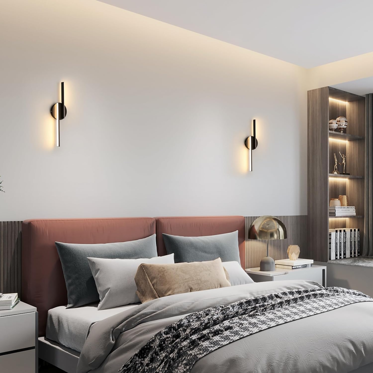 Applique da Parete Interno, 16W Lampada LED Moderno, 1800LM Lampada a Muro per Camera da Letto Soggiorno Corridoio Scale (Nera luce calda-confezione da 2)
