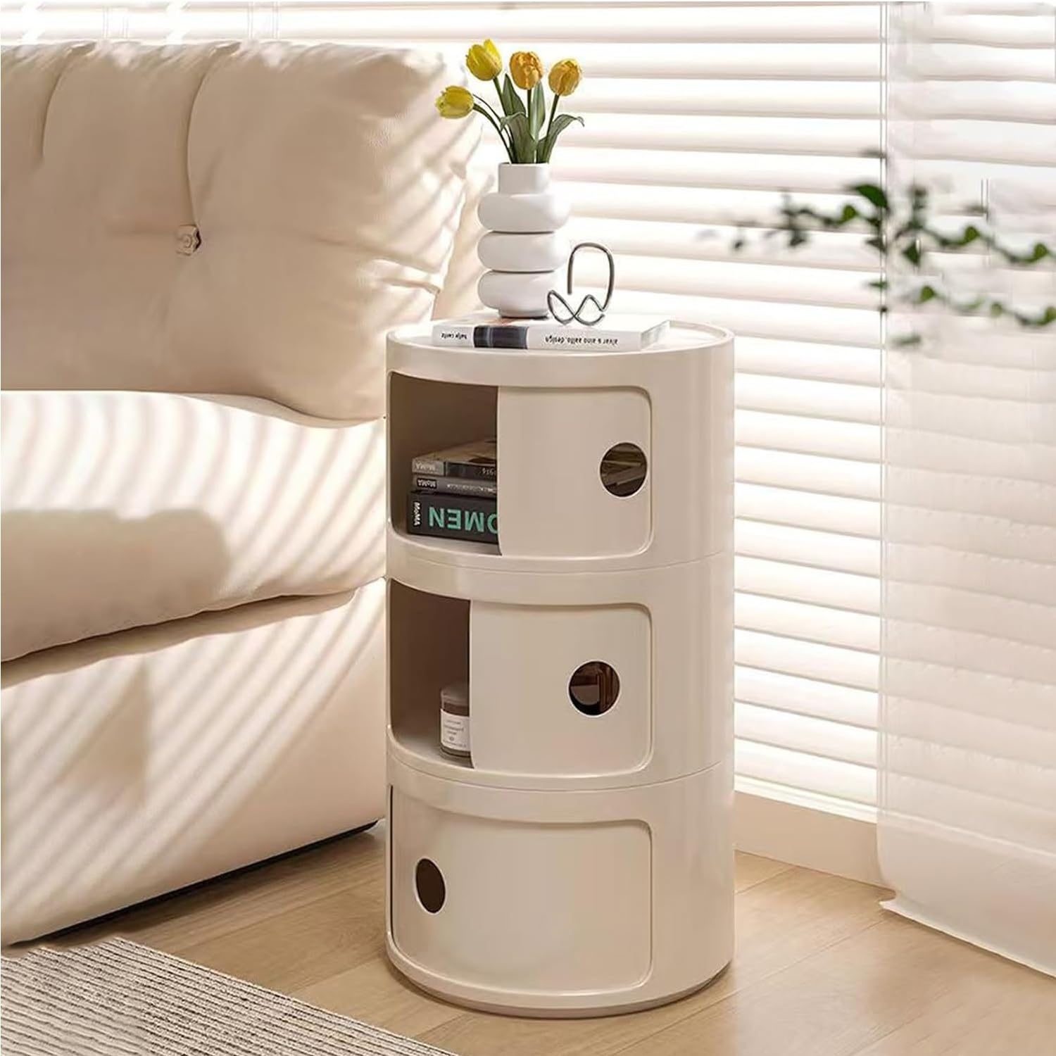 Table de Chevet Rond Empilable avec Tiroirs – Table de Nuit Modulaire en ABS, sans Montage, pour Chambre, Salon, Salle de Bain – Design Compact et Gain de Place(White,4 Tier)