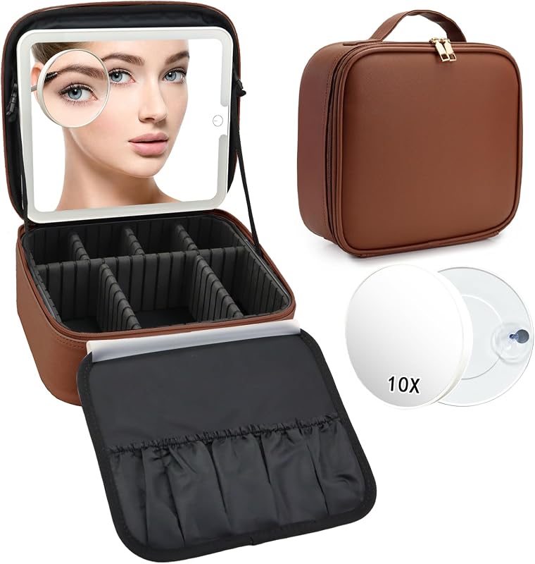 Maleta de maquiagem para viagem SLUMAZI com espelho LED removível, divisórias ajustáveis e bolsa para pincéis, Marrom-escuro
