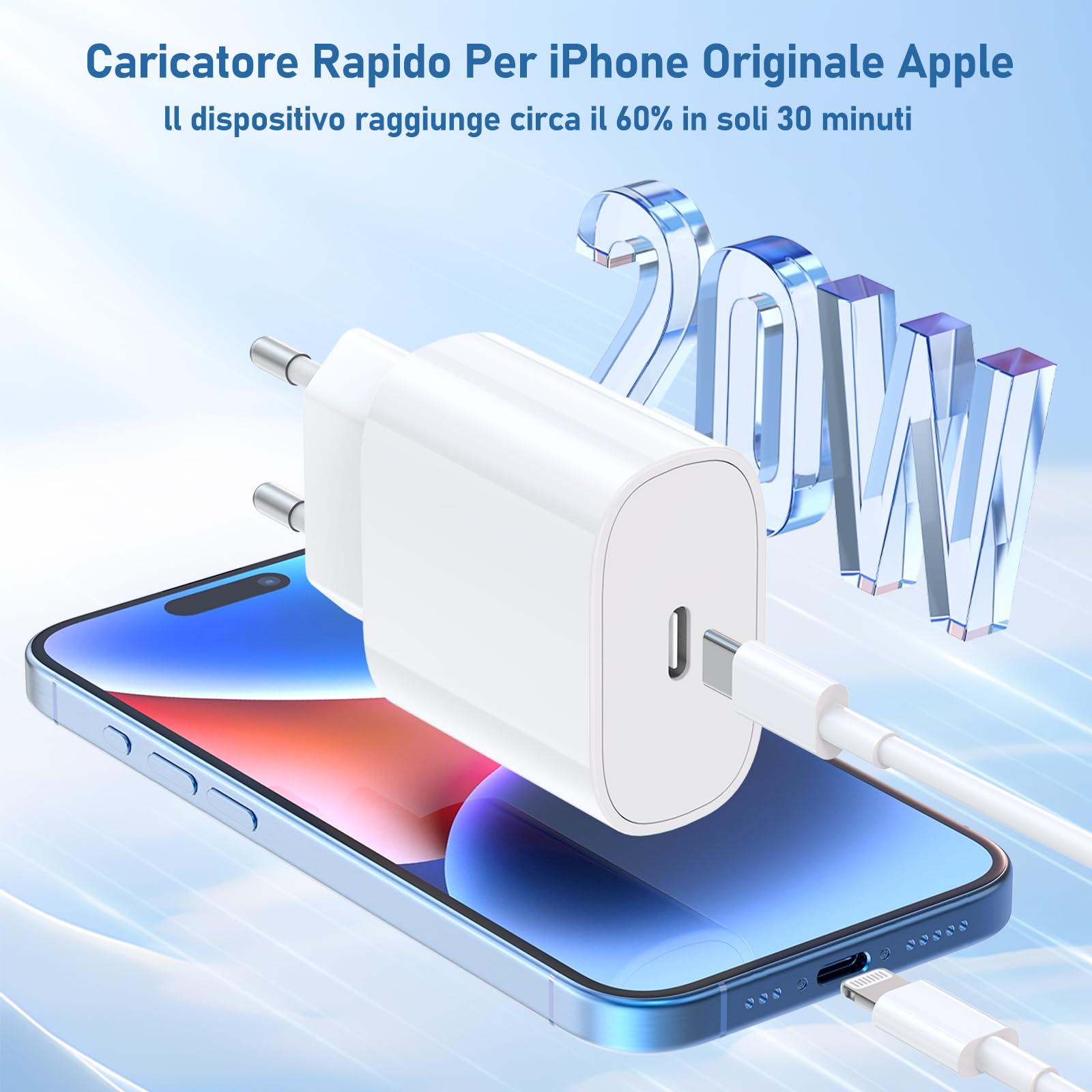 QZIIW Caricatore Per iPhone, adattatore veloce del caricabatterie 20W PD USB C Wall con 1M e 2M di tipo C per fulmine via cavo Lightning compatibile per iPhone 14 13 12 11 Pro Max XR XS X,iPad