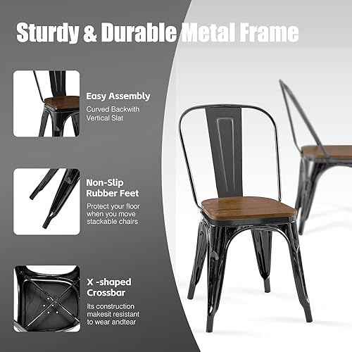 Miniatura 4 de Juego de 6 sillas de comedor de metal con asiento de madera, apilable, industrial, cocina, cafetería, comedor, bistró, al aire libre, obsidiana,