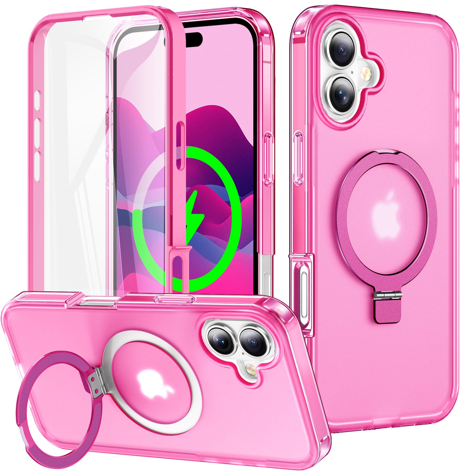 Unichthy Magnetic Case for iPhone 16 Cover with Finger Ring Holder Stand, Deep Pink