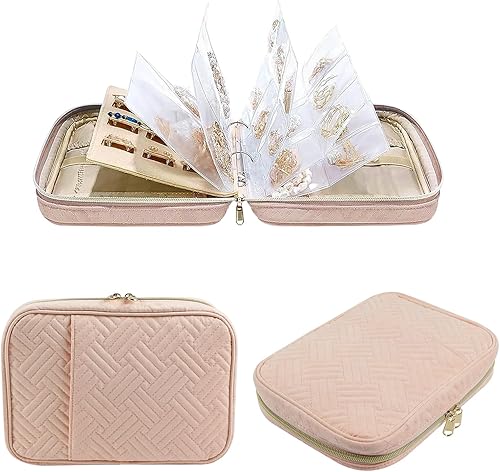 Miniatura 7 de UI U & I Bolsa organizadora de joyas de viaje, organizador de libros de almacenamiento de joyas transparente con 5 páginas grandes transparentes y