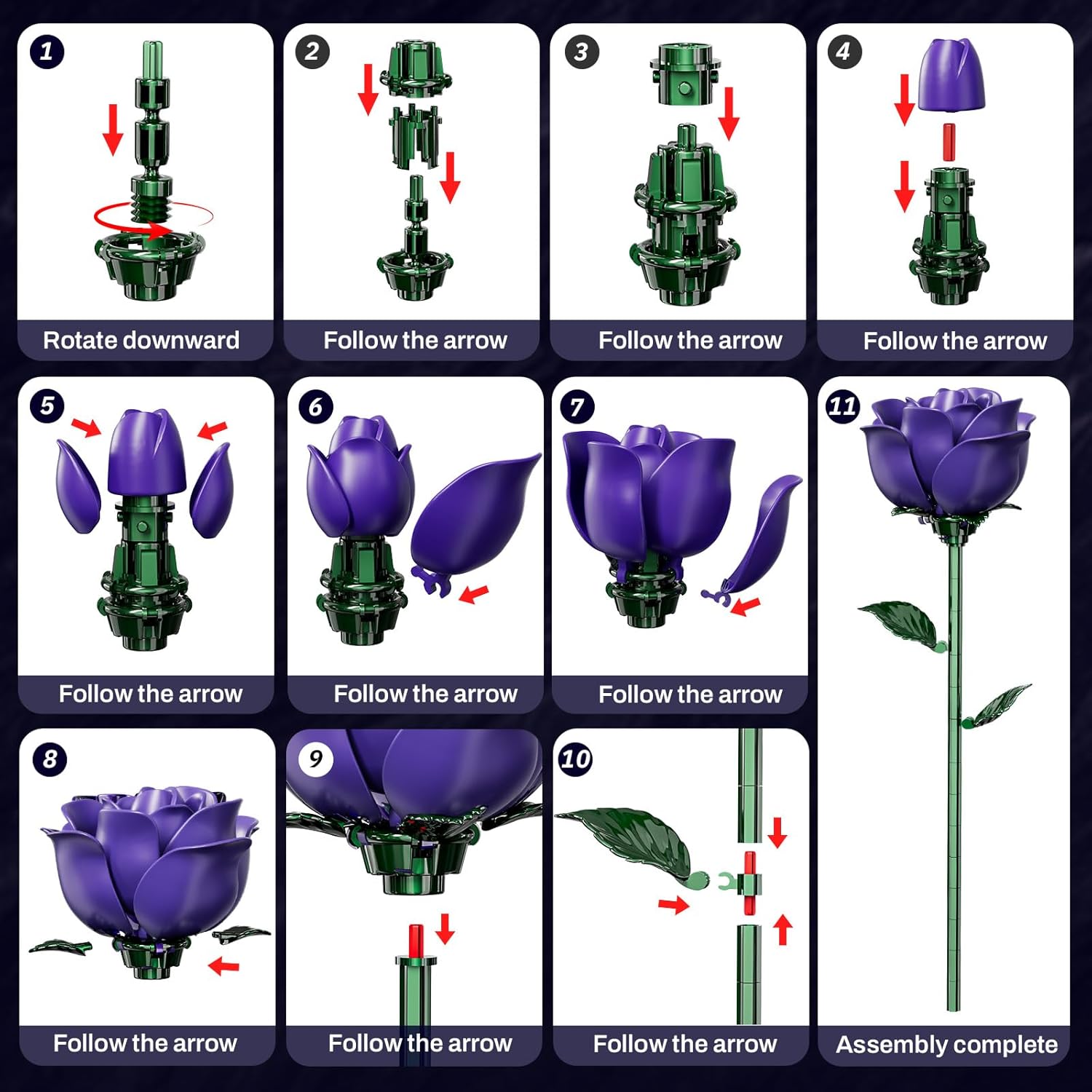 Purple Rose Bouquet Building Set for Girls & Boys - 12 Pack Botanical Collection Gift for Easter Basket Artificial Flowers Botanical Collection Centerpiece Retro Decor