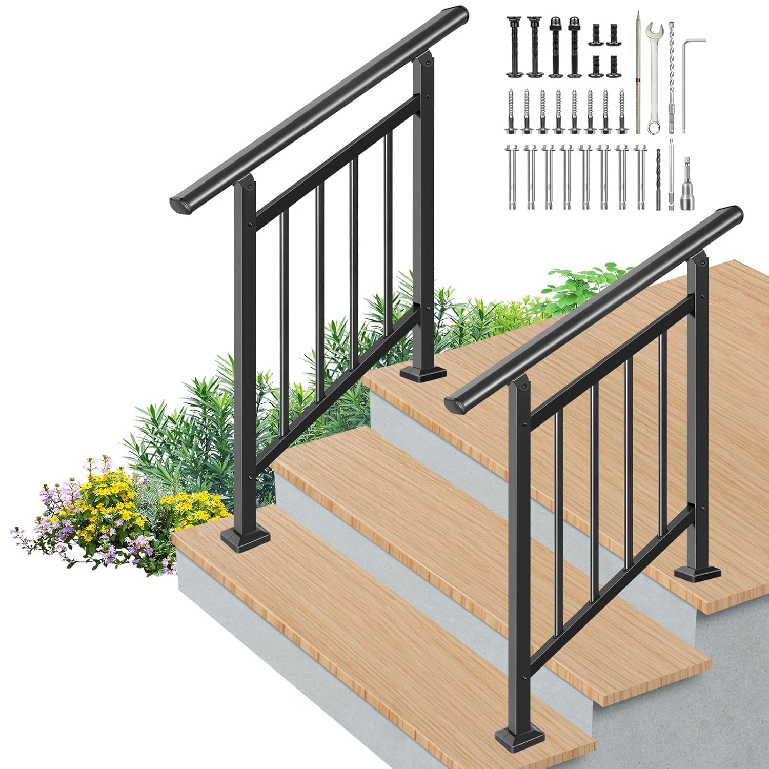 Upgrade 2 in 1 Stair&Horizontal Handrails, Adjustable 2 Pack 3 Step Deck Railing Kits, Black Wrought Iron Hand Rails for Outdoor Steps,Concrete Step, Porch Railing 3 Steps Fence Set