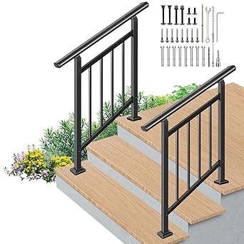 Upgrade 2 in 1 Stair&Horizontal Handrails, Adjustable 2 Pack 3 Step Deck Railing Kits, Black Wrought Iron Hand Rails for Outdoor Steps,Concrete Step, Porch Railing