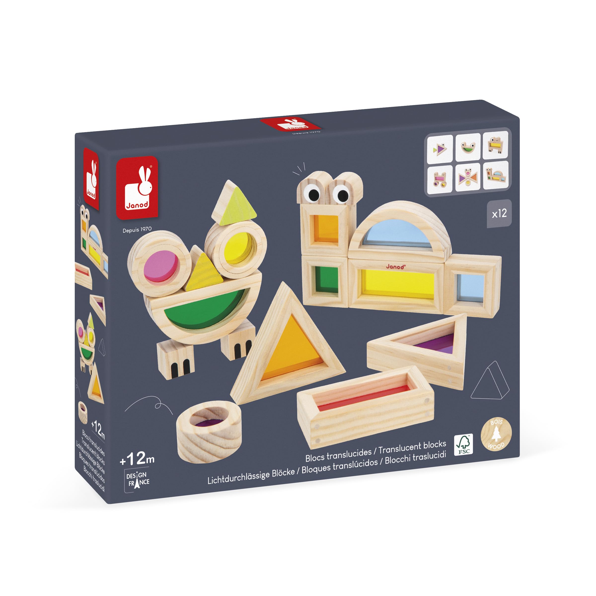 Janod - Bloc à Assembler en Bois - Jeu d'Eveil Sensoriel - 18 Blocs et 6 Cartes Modèles - Appentissage des Formes et Couleurs - Développe La Motricité Fine - Jouet en Bois - Dès 12 Mois - J05306