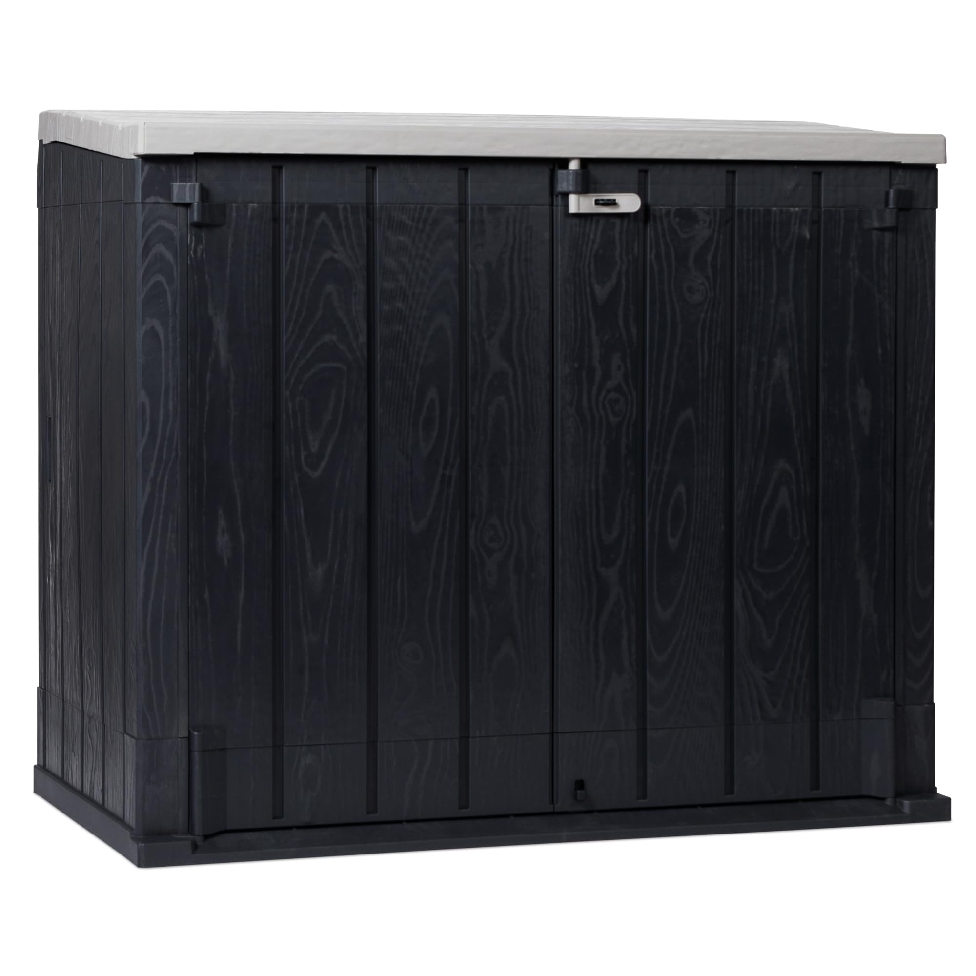 Toomax Stora Way Plus XL Baule 1270L portattrezzi 145x85x124,5h cm, in plastica resistente antracite/grigio, porta bidoni spazzatura, apertura assistita e chiusura a chiavistello, ideale per esterno