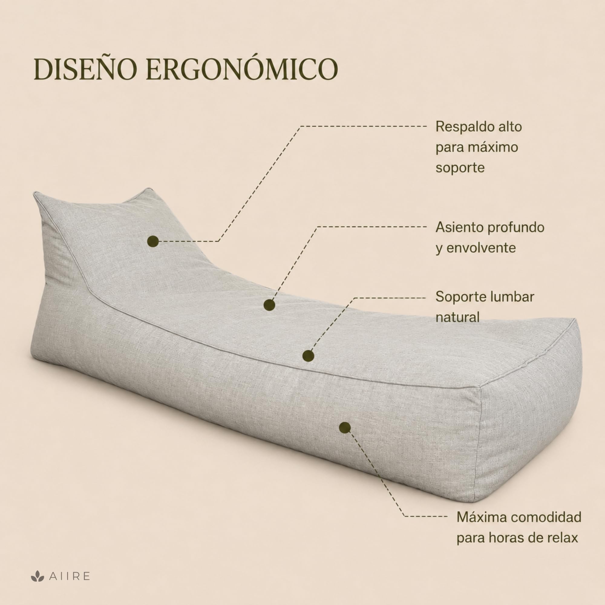 Aiire Pouf d'extérieur géant long 180 x 80 x 70 cm avec rembourrage inclus pour jardin, terrasse ou salon Gris