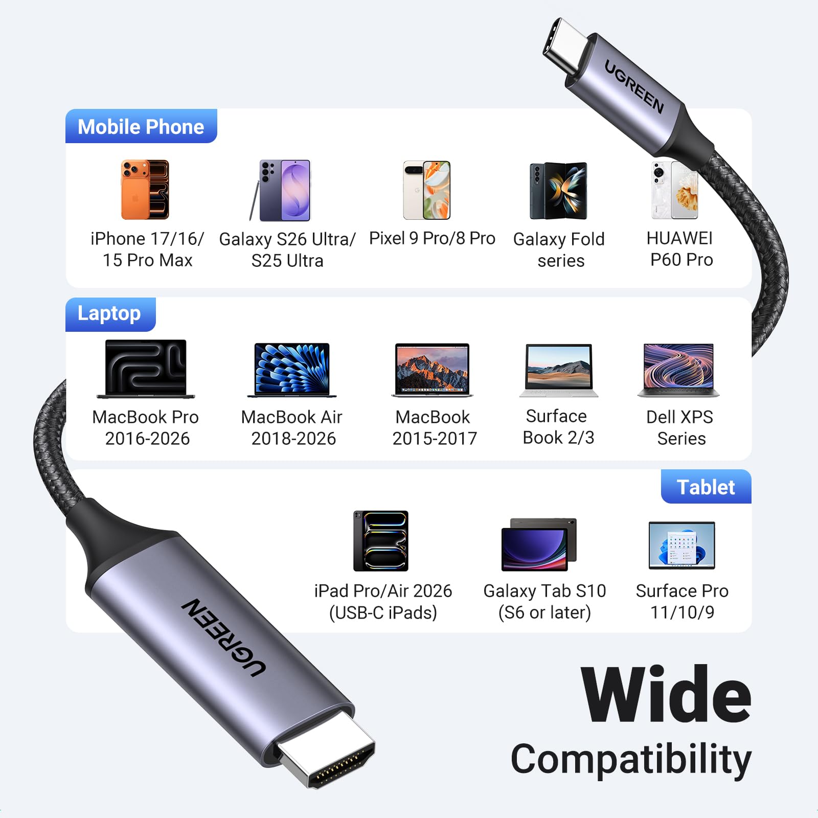 UGREEN USB C auf HDMI Kabel, 4K 60Hz, 2K 120Hz, Thunderbolt 5/4/3, 1M | USB C HDMI Kabel, HDMI 2.0, UHD, Aluminiumgehäuse HDR, unterstützt HDR Dolby, kompatibel mit iPhone 17/MacBook Pro/iPad Pro
