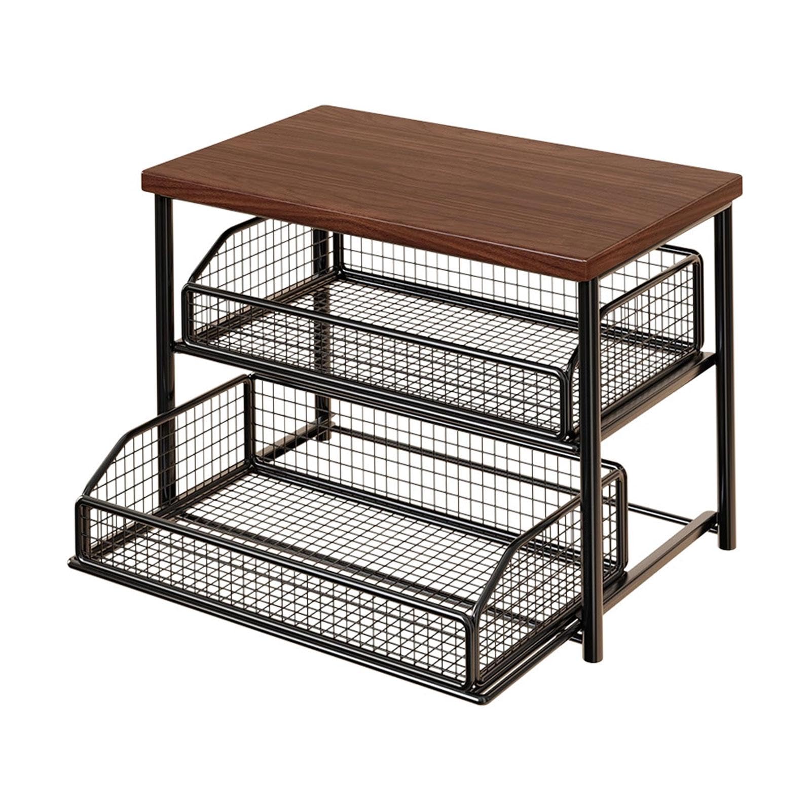 Kaffee Station Organizer Regal mit Schublade Zweistufige Ablage Aus Eisen Und Holz Ideal Zur Aufbewahrung von Tassen Und Zutaten für Küche Kaffeebar V, Schwarz