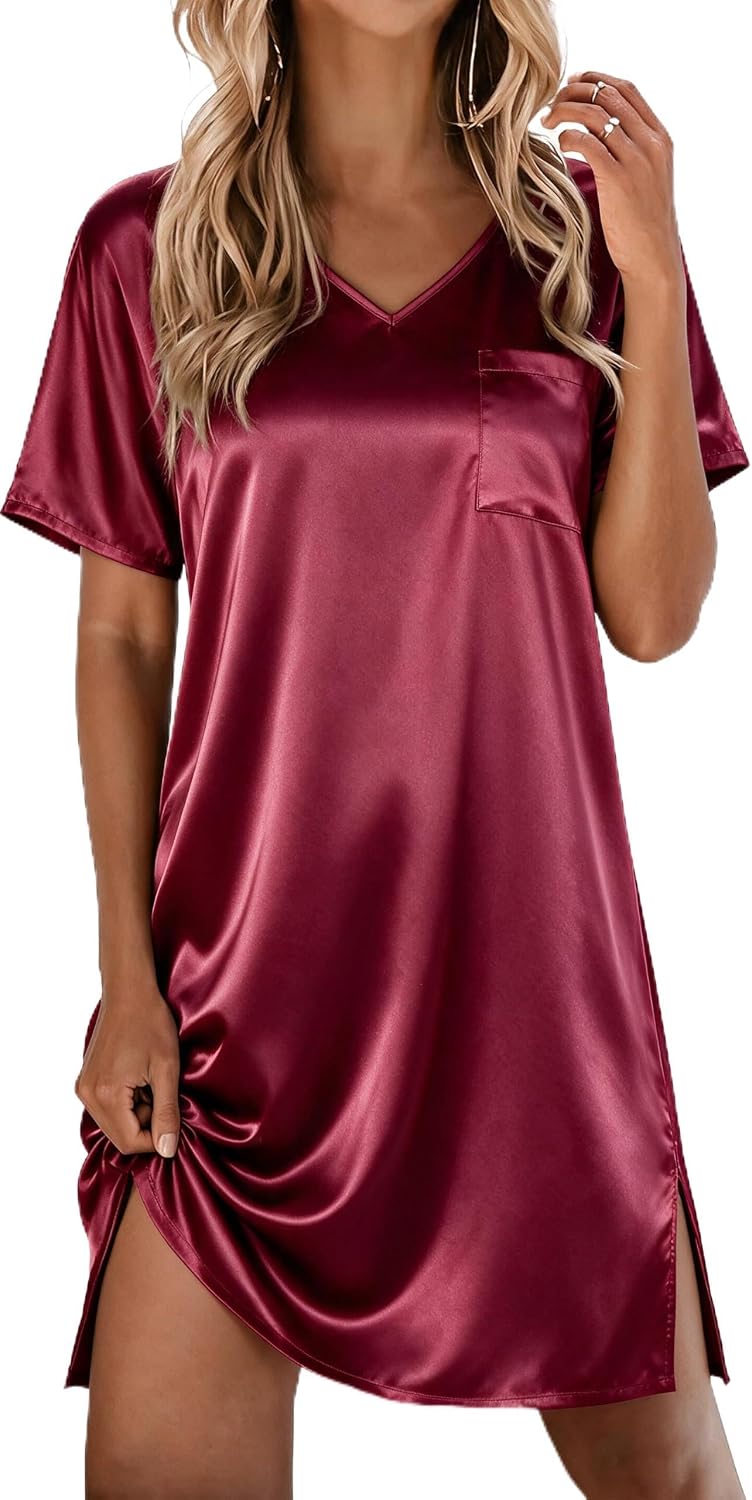 Ekouaer Women's Satin Nightgowns V Neck Sleepshirt Short Sleeve Nightshirts