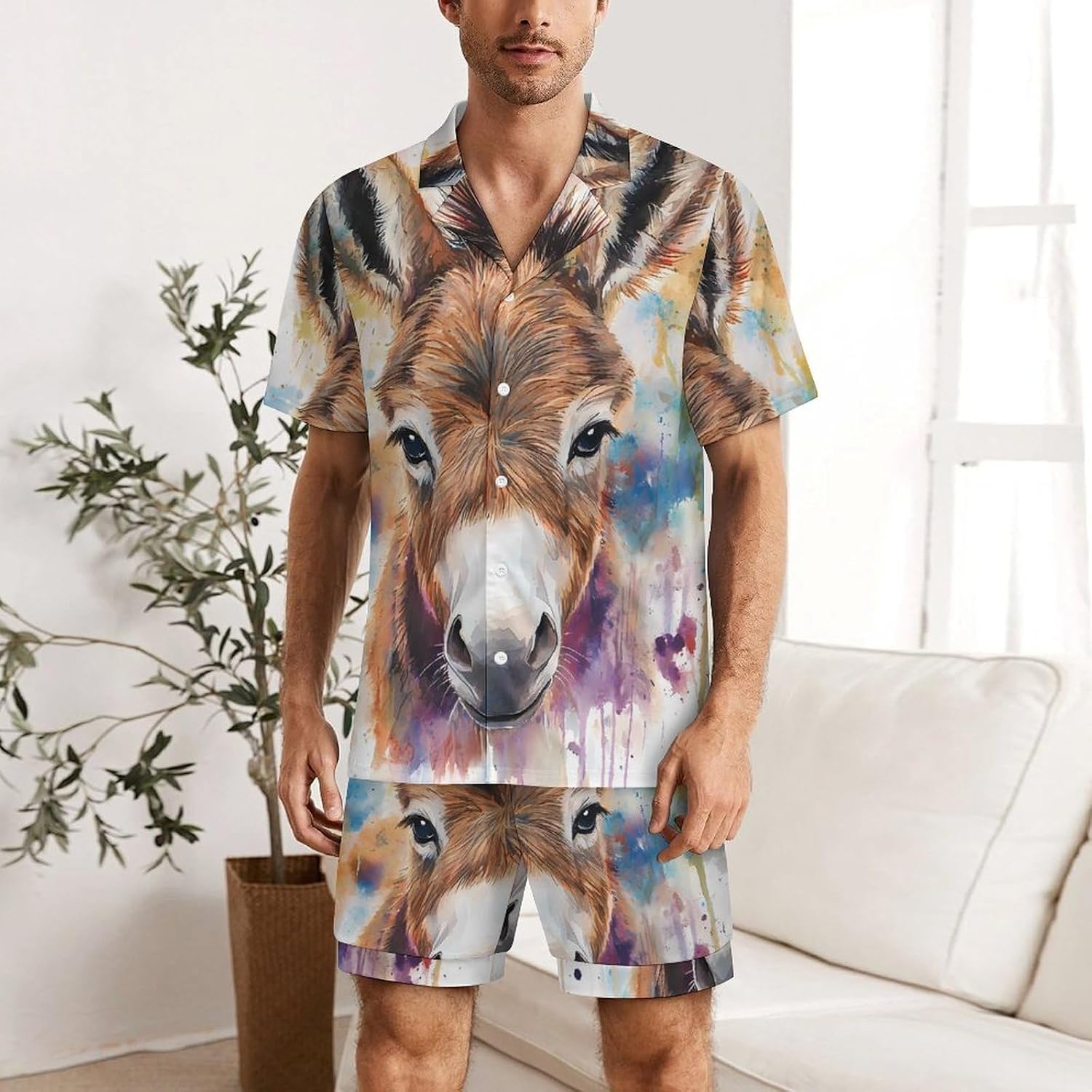 Watercolor Donkey Men's Short Sleeve Pajama Set Satin Silk Like Lounge Sleepwear