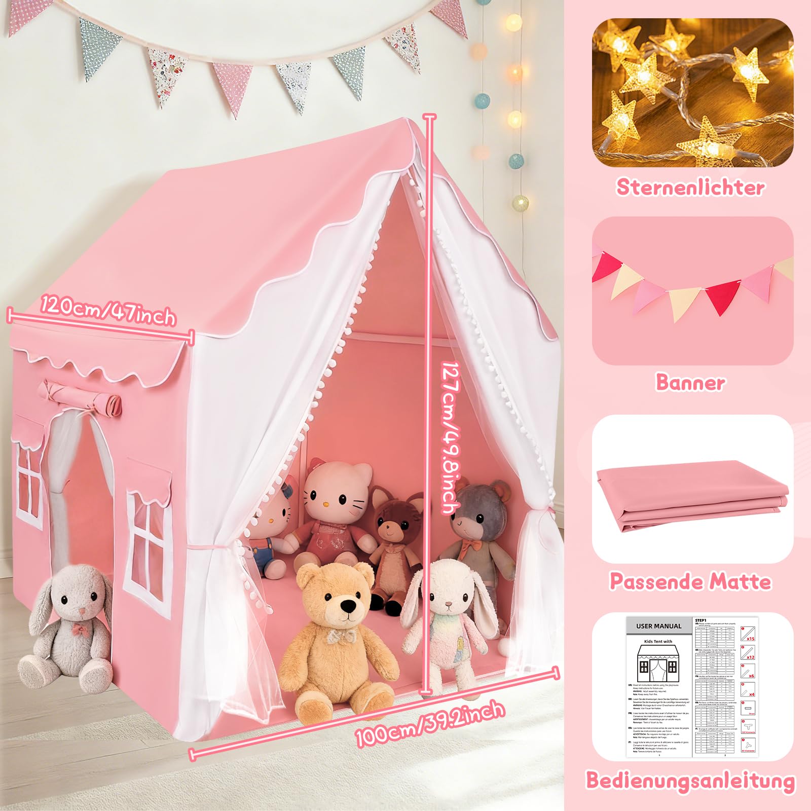 Herenear Kinderzelt mit 2 Eingängen, Spielzelt Kinder Indoor mit Lichtern und Zeltunterlage, Spielhaus Kinderhaus Innenbettzelt, Zelt Kinderzimmer Dekor für Kleinkinder (Rosa)