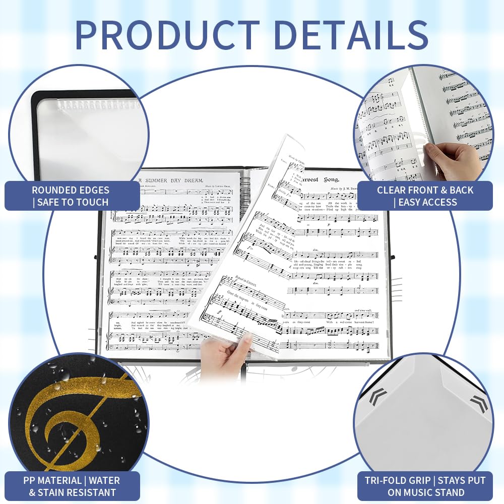 Raccoglitore Porta Spartiti Musicali con 10 clips, 20 Tasche/40 Pagine Porta Spartiti Musicali A4 Musicale impermeabile Raccoglitore per file musicali Cartella di Archiviazione della Musica