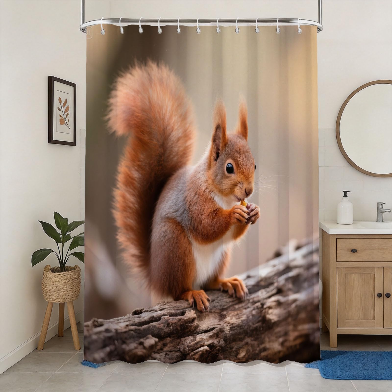 Hongduo 3D Squirrel Shower Curtain for Stalls Bathtubs Natural Bathroom Decor Shower Curtain Set Polyester Fabric Waterproof 180x200cm/71X79 Inch with Hooks
