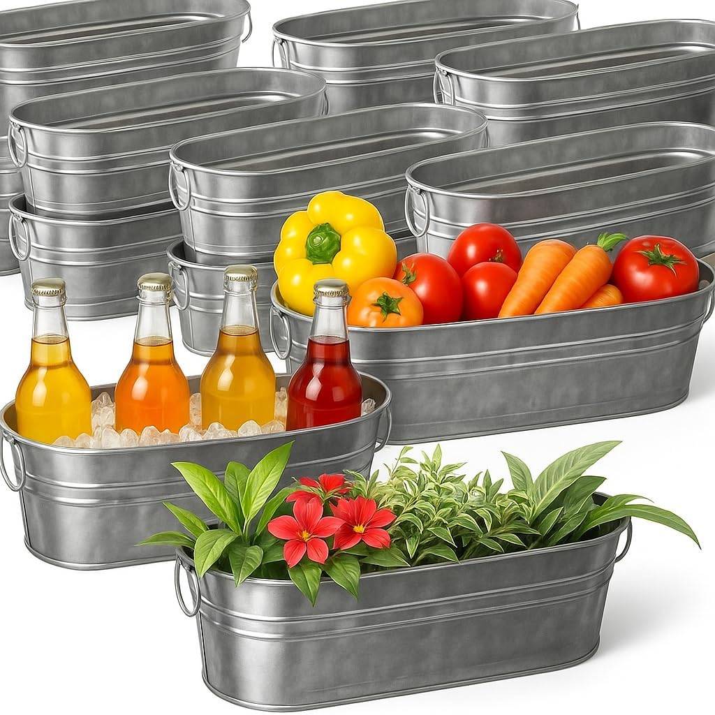 Plexon 12" Small Galvanized Metal Tubs with Handles, Oval Rustic Planter Buckets for Decor, Ice Bucket for Parties, Beer and Wine Beverage Tub, Wedding Drink Bucket, Set of 12