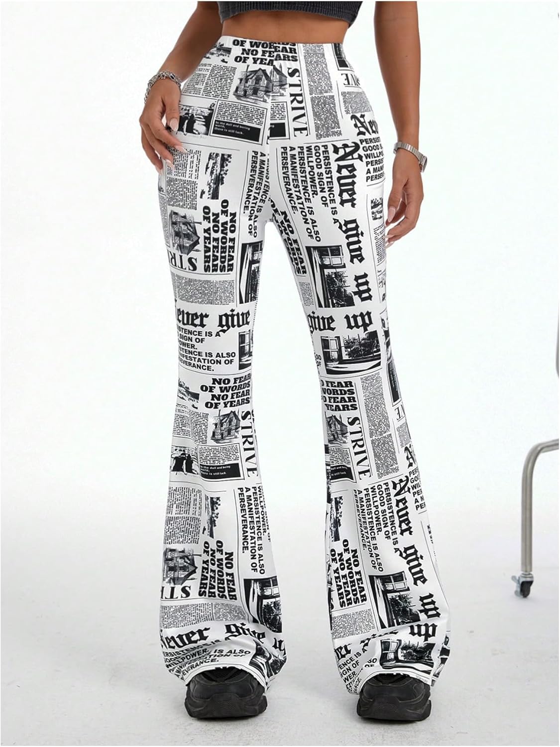 WDIRARA Women's Newspaper Print Flare Wide Leg Elastic Waist Fitted Funky Letter Print Pants - Image 3