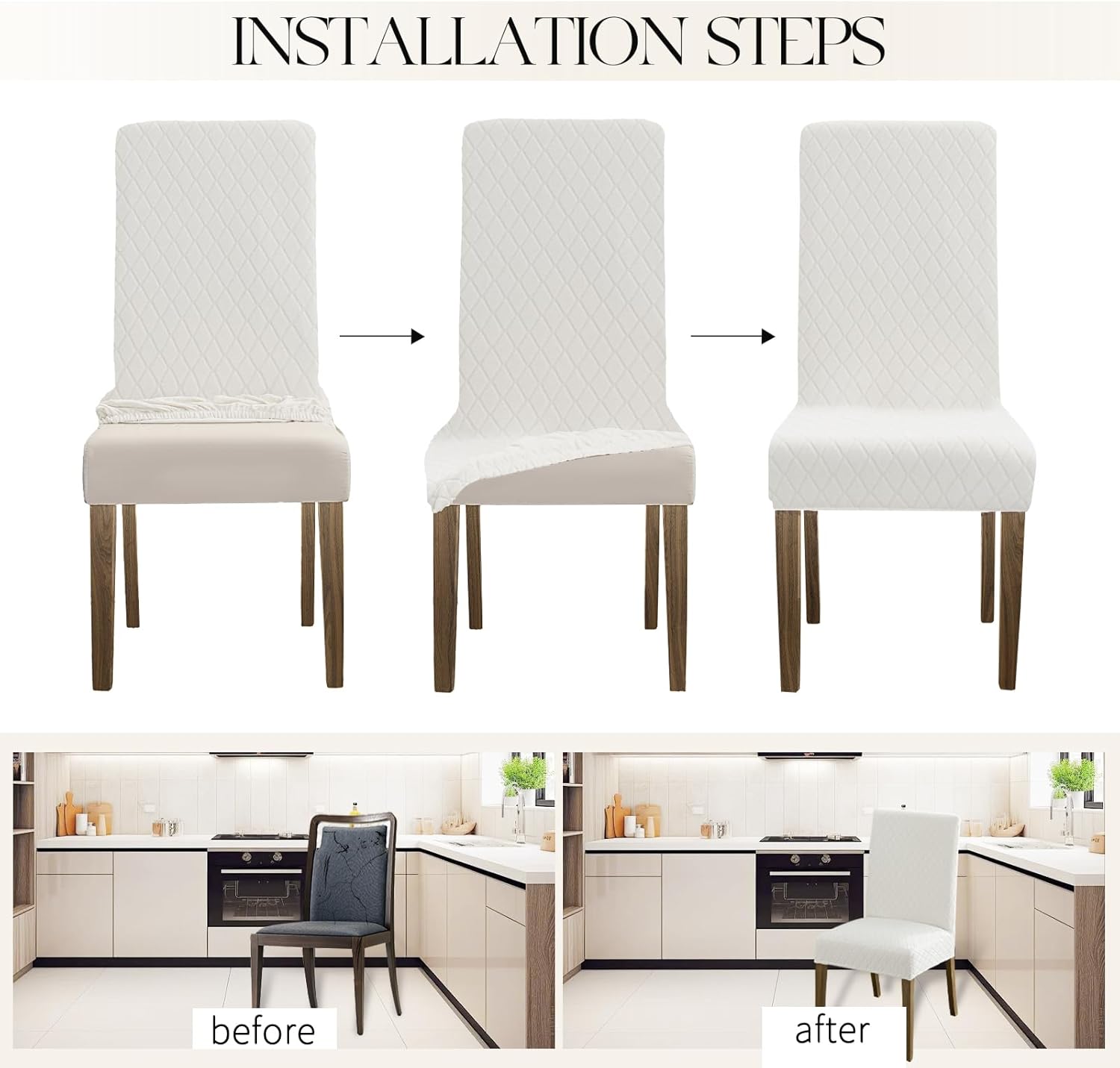 MOSAYT 100% Waterproof Dining Room Chair Covers Set of 6, Super Fit Stretch Jacquard Parson Chairs Slipcovers Removable Washable Chair Seat Protectors for Home, Kitchen, Banquet (White)