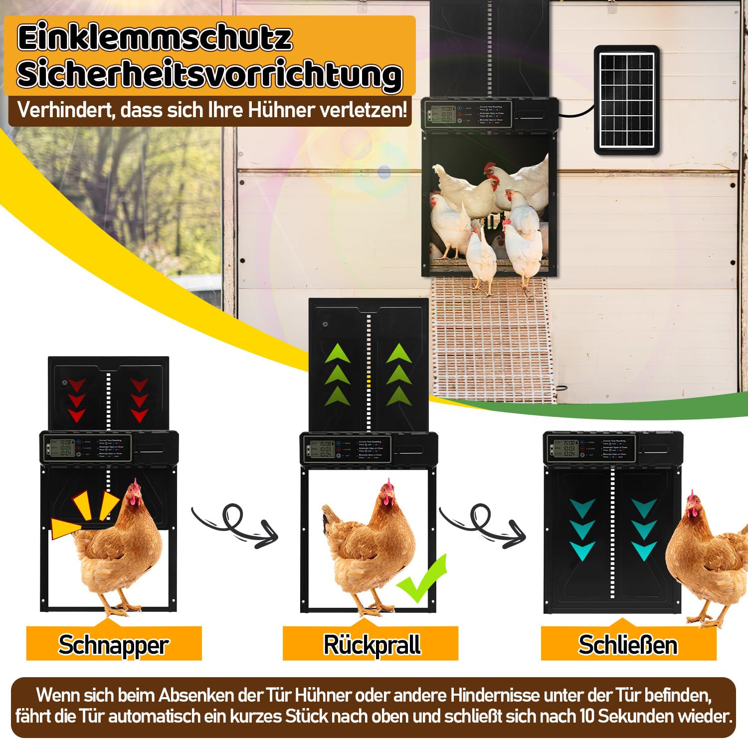 Hühnerklappe Automatisch Solar, Aluminum Elektrische Hühnerklappe Hühnertür mit Wasserdicht Großes LCD Display, Timer und Fernbedienung, Einklemmschutz