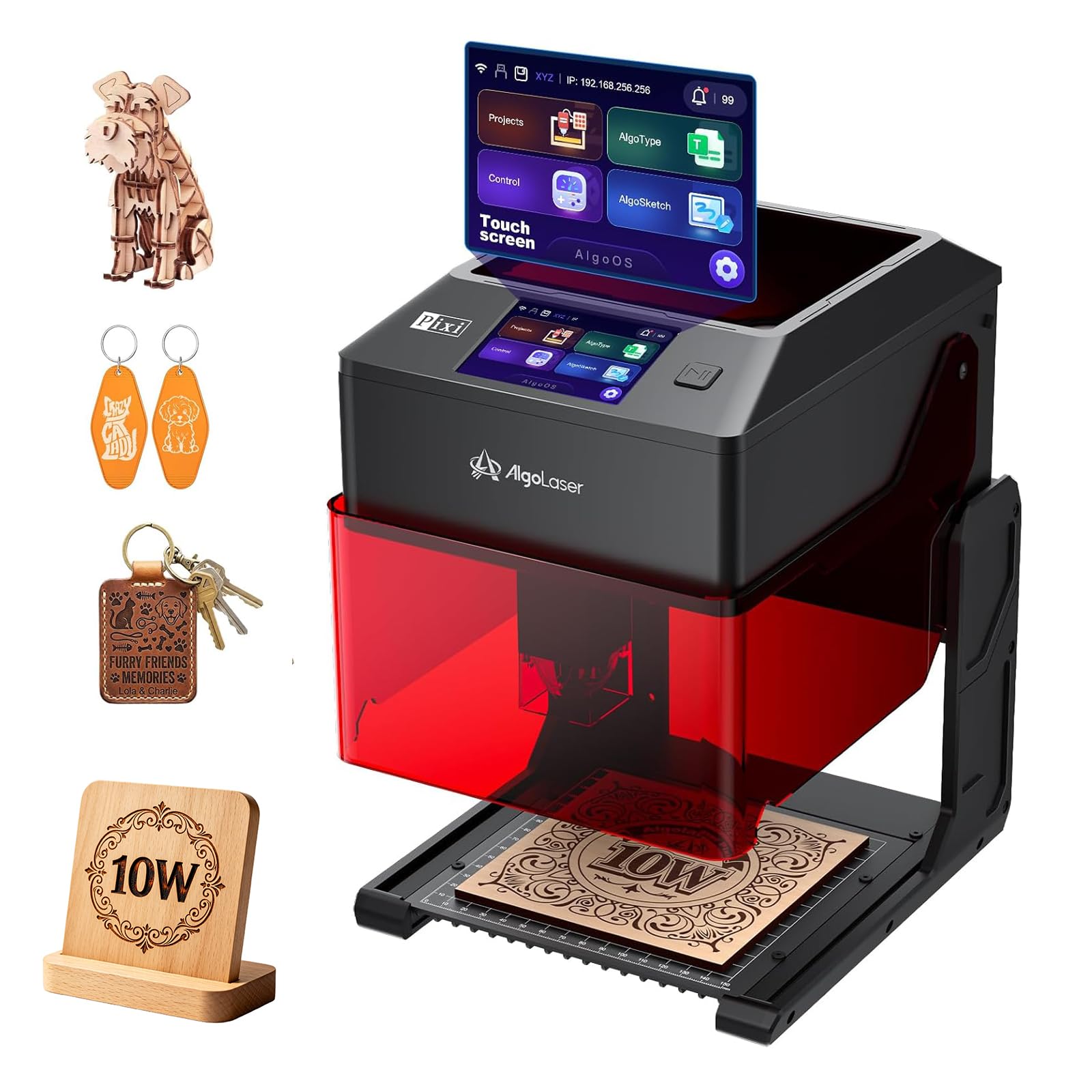 AlgoLaser Pixi – Graveur laser intelligent – Machine de gravure laser portable 10 W avec écran tactile de 3,5 pouces et système AlgoOS et application – Gravure laser pour bois, acrylique, verre